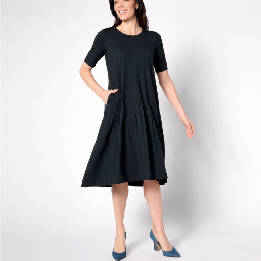 LOGO by Lori Goldstein Petite Rayon 230 Elbow Sleeve Dress Black XXL Petite
